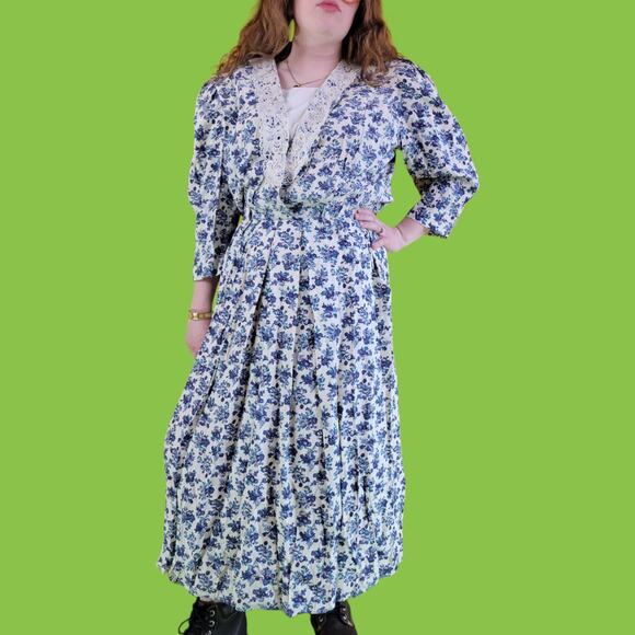 Vintage 80s Blue White Floral Midi Dress, Shoulder Pads Lace Pockets, 14W - Picture 1 of 7